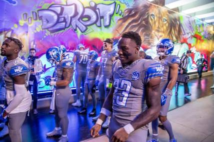 Oct 30, 2023; Detroit, Michigan, USA; Detroit Lions cornerback Jerry Jacobs (23) and teammates head out to the field before the start of the first half against the Las Vegas Raiders at Ford Field. Mandatory Credit: David Reginek-USA TODAY Sports