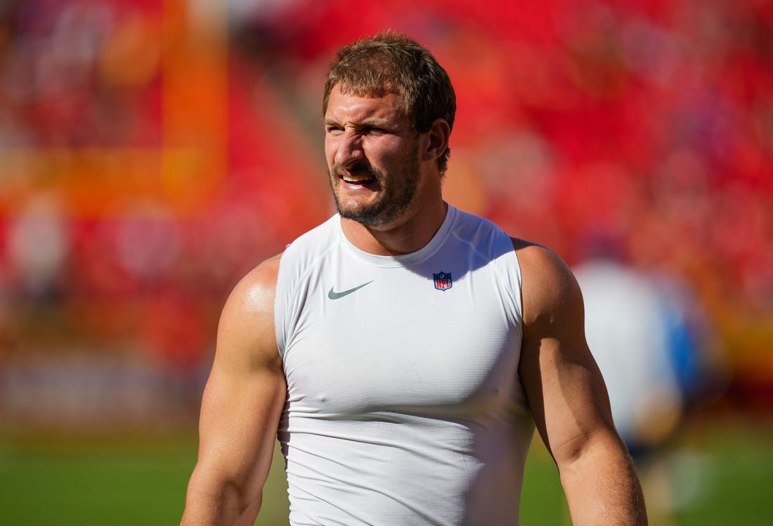 Oct 22, 2023; Kansas City, Missouri, USA; Los Angeles Chargers linebacker Joey Bosa (97) warms up prior to a game against the Kansas City Chiefs at GEHA Field at Arrowhead Stadium. Mandatory Credit: Jay Biggerstaff-USA TODAY Sports