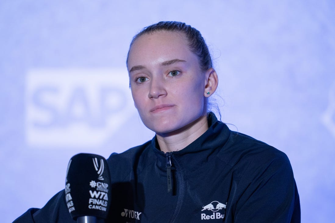 Nov 3, 2023; Cancun, Mexico;  Elena Rybakina (KAZ) in her press conference after her match against Aryna Sabalenka on day six of the GNP Saguaros WTA Finals Cancun. Mandatory Credit: Susan Mullane-USA TODAY Sports
