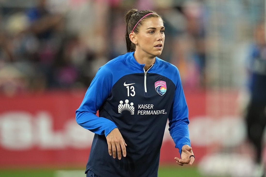 Nov 5, 2023; San Diego, California, USA; San Diego Wave FC forward Alex Morgan (13) warms up before the NWSL championship semifinal game against the OL Reign at Snapdragon Stadium. Mandatory Credit: Ray Acevedo-USA TODAY Sports