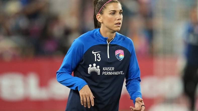 Nov 5, 2023; San Diego, California, USA; San Diego Wave FC forward Alex Morgan (13) warms up before the NWSL championship semifinal game against the OL Reign at Snapdragon Stadium. Mandatory Credit: Ray Acevedo-USA TODAY Sports