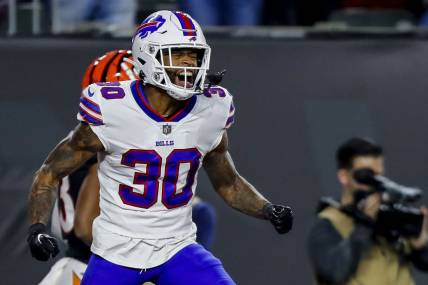 Nov 5, 2023; Cincinnati, Ohio, USA; Buffalo Bills cornerback Dane Jackson (30) reacts after breaking up a pass intended for Cincinnati Bengals wide receiver Tyler Boyd (not pictured) in the first half at Paycor Stadium. Mandatory Credit: Katie Stratman-USA TODAY Sports