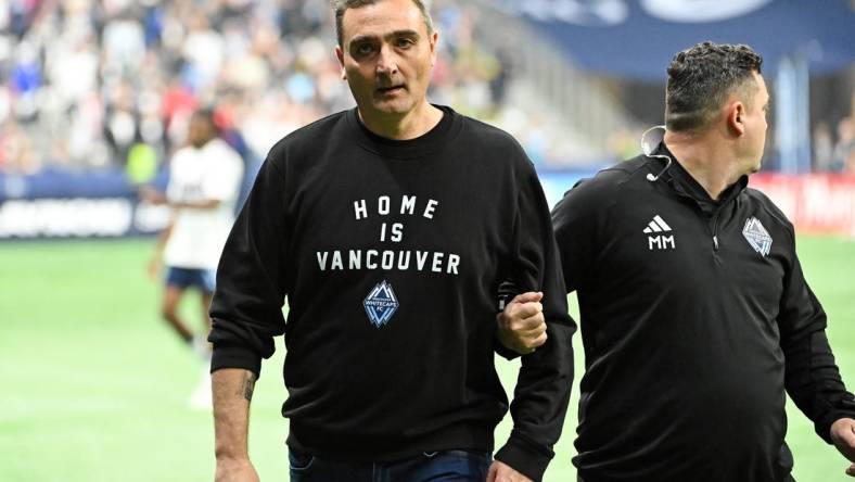 Nov 5, 2023; Vancouver, British Columbia, CAN; Vancouver Whitecaps head coach Vanni Sartini reacts after losing to Los Angeles FC in game two in a round one match of the 2023 MLS Cup Playoffs at BC Place. Mandatory Credit: Simon Fearn-USA TODAY Sports