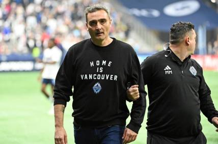 Nov 5, 2023; Vancouver, British Columbia, CAN; Vancouver Whitecaps head coach Vanni Sartini reacts after losing to Los Angeles FC in game two in a round one match of the 2023 MLS Cup Playoffs at BC Place. Mandatory Credit: Simon Fearn-USA TODAY Sports