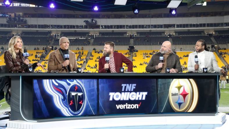 Nov 2, 2023; Pittsburgh, Pennsylvania, USA;  Amazon Prime Video's Thursday Night Football cast (L to R) Charissa Thompson and Tony Gonzalez and Ryan Fitzpatrick and Andrew Whitworth and Richard Sherman on set before the Pittsburgh Steelers host the Tennessee Titans against at Acrisure Stadium. Mandatory Credit: Charles LeClaire-USA TODAY Sports