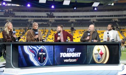 Nov 2, 2023; Pittsburgh, Pennsylvania, USA;  Amazon Prime Video's Thursday Night Football cast (L to R) Charissa Thompson and Tony Gonzalez and Ryan Fitzpatrick and Andrew Whitworth and Richard Sherman on set before the Pittsburgh Steelers host the Tennessee Titans against at Acrisure Stadium. Mandatory Credit: Charles LeClaire-USA TODAY Sports