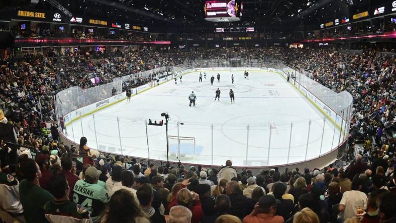 Nov 7, 2023; Tempe, Arizona, USA; General view of Mullett Arena in the second period of the game between the Arizona Coyotes and the Seattle Kraken. Mandatory Credit: Matt Kartozian-USA TODAY Sports