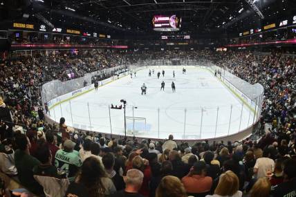Nov 7, 2023; Tempe, Arizona, USA; General view of Mullett Arena in the second period of the game between the Arizona Coyotes and the Seattle Kraken. Mandatory Credit: Matt Kartozian-USA TODAY Sports