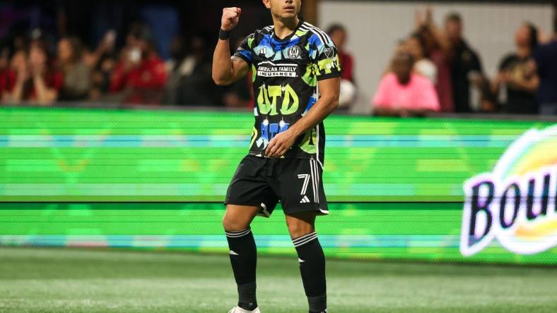 Nov 7, 2023; Atlanta, Georgia, USA; Atlanta United forward Giorgos Giakoumakis (7) celebrates after a goal in first half against Columbus Crew at Mercedes-Benz Stadium. Mandatory Credit: Brett Davis -USA TODAY Sports