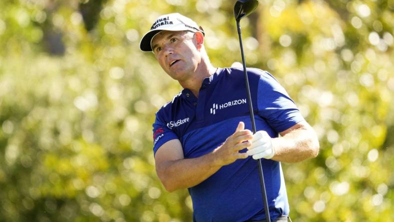 Padraig Harrington plays his tee shot on the third hole during round one of the Charles Schwab Cup Championship at the Phoenix Country Club on Nov. 9, 2023.