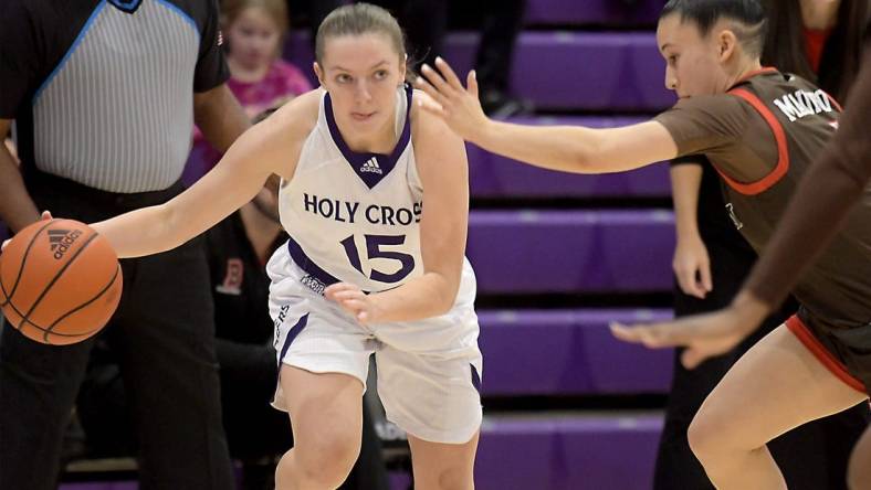 Holy Cross' Cara McCormack moves the ball upcourt as she is defended by Brown's Isabella Mauricio, Thursday, Nov. 9, 2023.