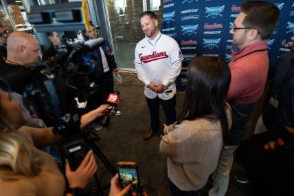 Nov 10, 2023; Cleveland, OH, USA;  Cleveland Guardians manager Stephen Vogt talks to the media during an introductory press conference at Progressive Field. Mandatory Credit: Ken Blaze-USA TODAY Sports