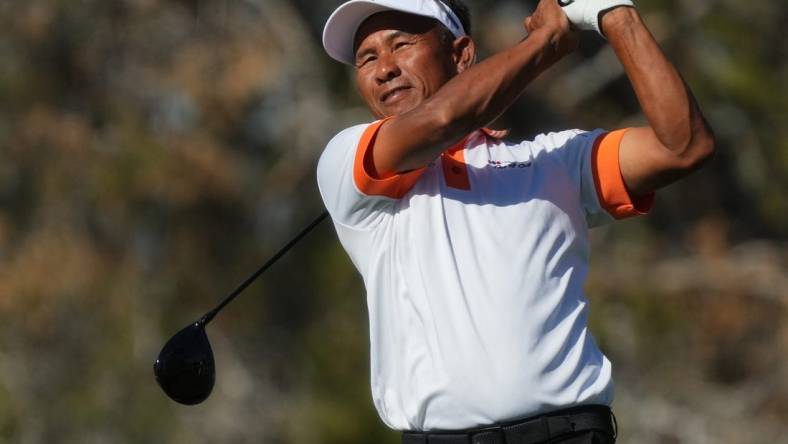 Nov 10, 2023; Phoenix, AZ, USA; Thongchai Jaidee tees off on hole 8 during round 2 of the Charles Schwab Cup championship at Phoenix Country Club.