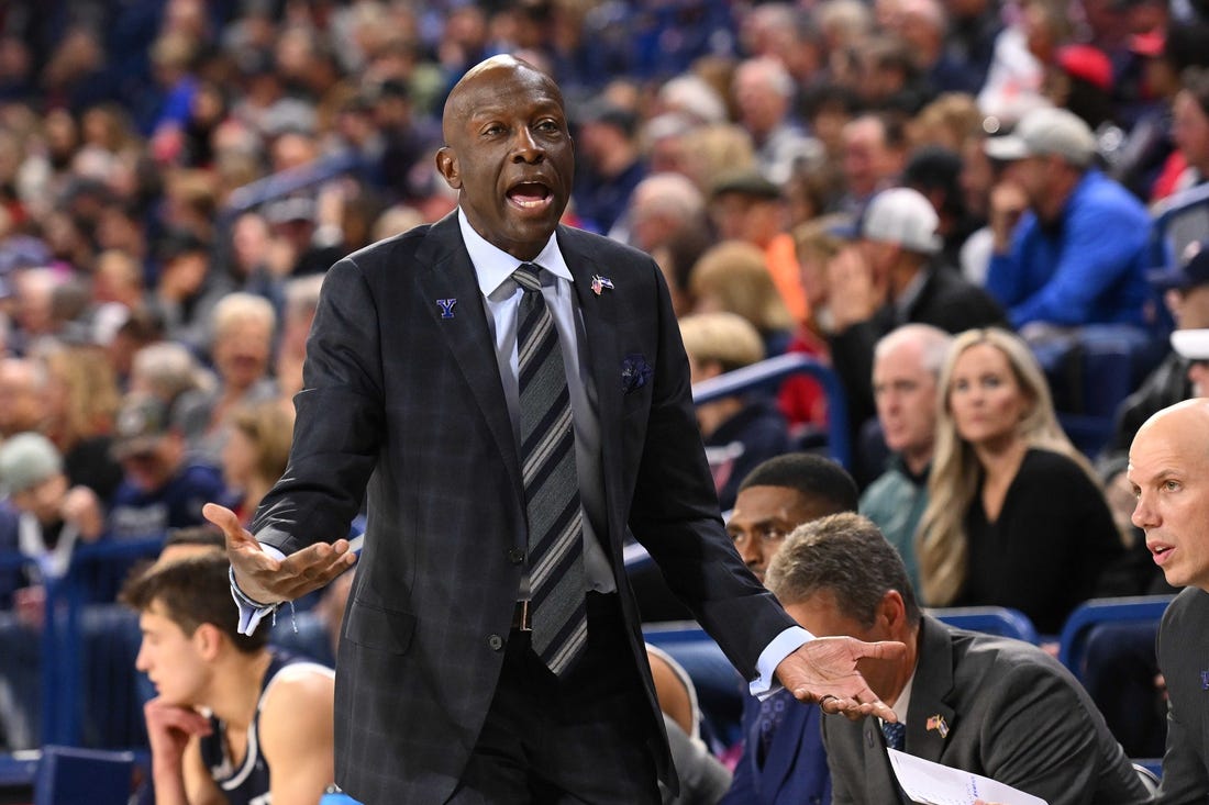 Nov 10, 2023; Spokane, Washington, USA; Yale Bulldogs head coach James Jones reacts after a play against the Gonzaga Bulldogs in the first half at McCarthey Athletic Center. Mandatory Credit: James Snook-USA TODAY Sports