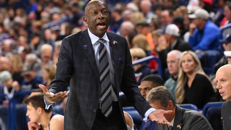 Nov 10, 2023; Spokane, Washington, USA; Yale Bulldogs head coach James Jones reacts after a play against the Gonzaga Bulldogs in the first half at McCarthey Athletic Center. Mandatory Credit: James Snook-USA TODAY Sports