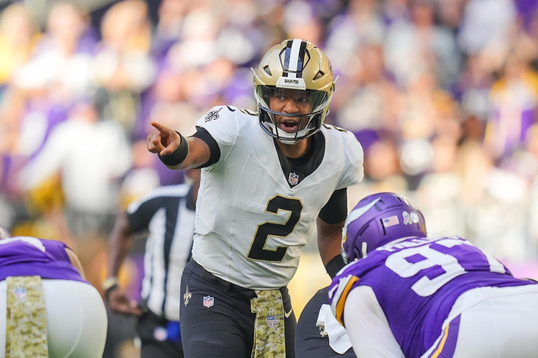 Nov 12, 2023; Minneapolis, Minnesota, USA; New Orleans Saints quarterback Jameis Winston (2) against the Minnesota Vikings in the third quarter at U.S. Bank Stadium. Mandatory Credit: Brad Rempel-USA TODAY Sports