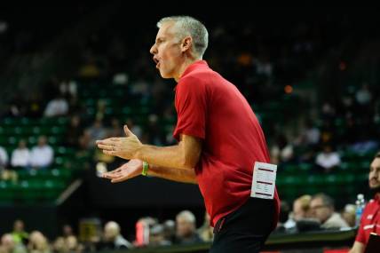 Nov 12, 2023; Waco, Texas, USA;  Gardner Webb Runnin Bulldogs head coach Tim Craft reacts to a play against the Baylor Bears during the first half at Ferrell Center. Mandatory Credit: Chris Jones-USA TODAY Sports