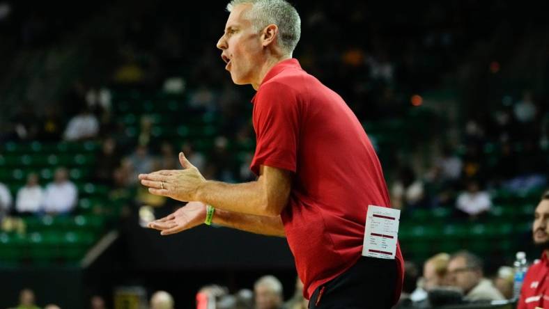 Nov 12, 2023; Waco, Texas, USA;  Gardner Webb Runnin Bulldogs head coach Tim Craft reacts to a play against the Baylor Bears during the first half at Ferrell Center. Mandatory Credit: Chris Jones-USA TODAY Sports