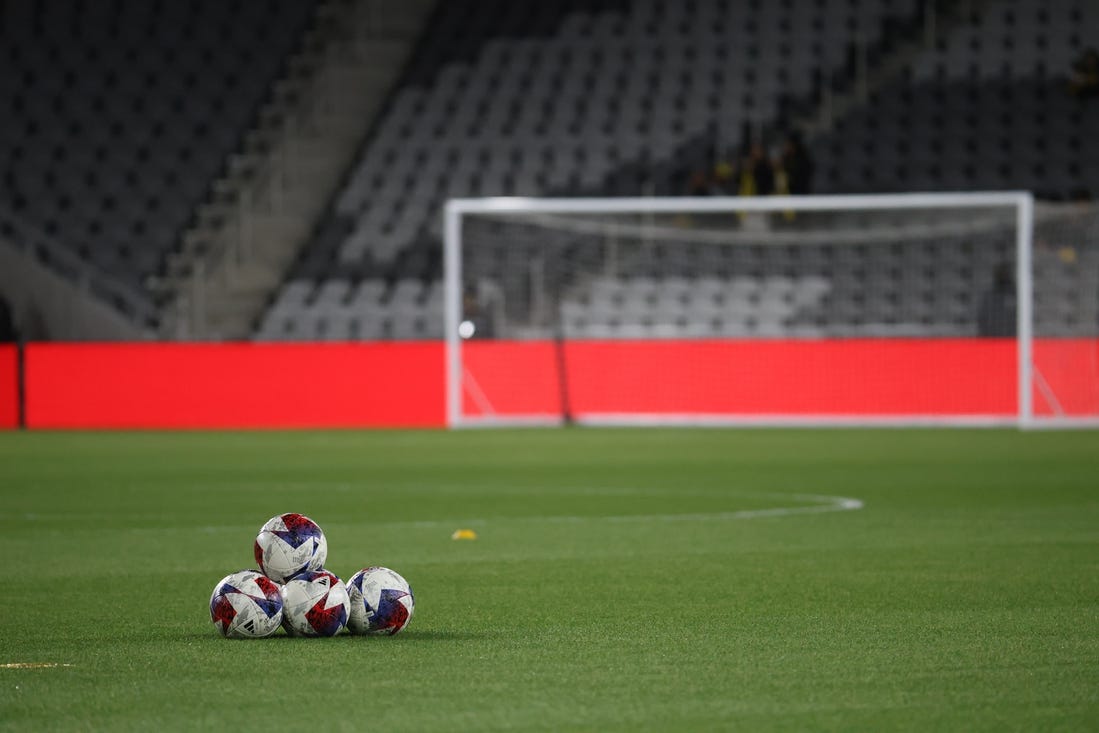 Nov 12, 2023; Columbus, Ohio, USA;  General view of practice balls on the pitch prior to the match as the Columbus Crew host the Atlanta United FC at Lower.com Field. Mandatory Credit: Trevor Ruszkowski-USA TODAY Sports