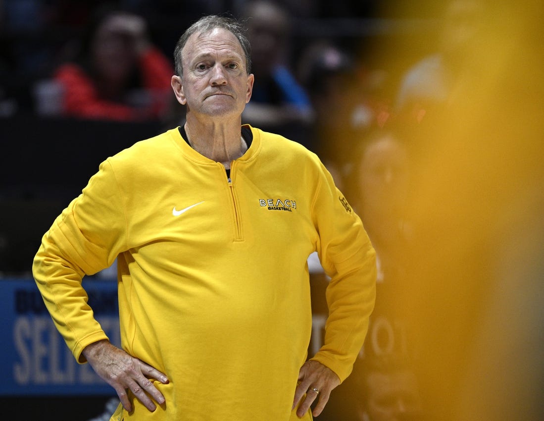 Nov 14, 2023; San Diego, California, USA; Long Beach State 49ers head coach Dan Monson looks on during the second half against the San Diego State Aztecs at Viejas Arena. Mandatory Credit: Orlando Ramirez-USA TODAY Sports