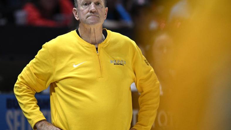 Nov 14, 2023; San Diego, California, USA; Long Beach State 49ers head coach Dan Monson looks on during the second half against the San Diego State Aztecs at Viejas Arena. Mandatory Credit: Orlando Ramirez-USA TODAY Sports