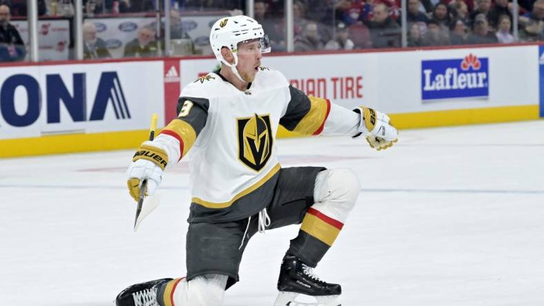 Nov 16, 2023; Montreal, Quebec, CAN; Vegas Golden Knights forward Jack Eichel (9) celebrates after scoring a goal against the Montreal Canadiens during the third period at the Bell Centre. Mandatory Credit: Eric Bolte-USA TODAY Sports