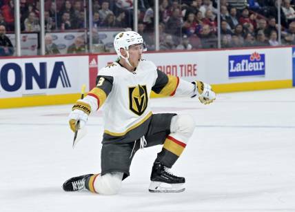 Nov 16, 2023; Montreal, Quebec, CAN; Vegas Golden Knights forward Jack Eichel (9) celebrates after scoring a goal against the Montreal Canadiens during the third period at the Bell Centre. Mandatory Credit: Eric Bolte-USA TODAY Sports