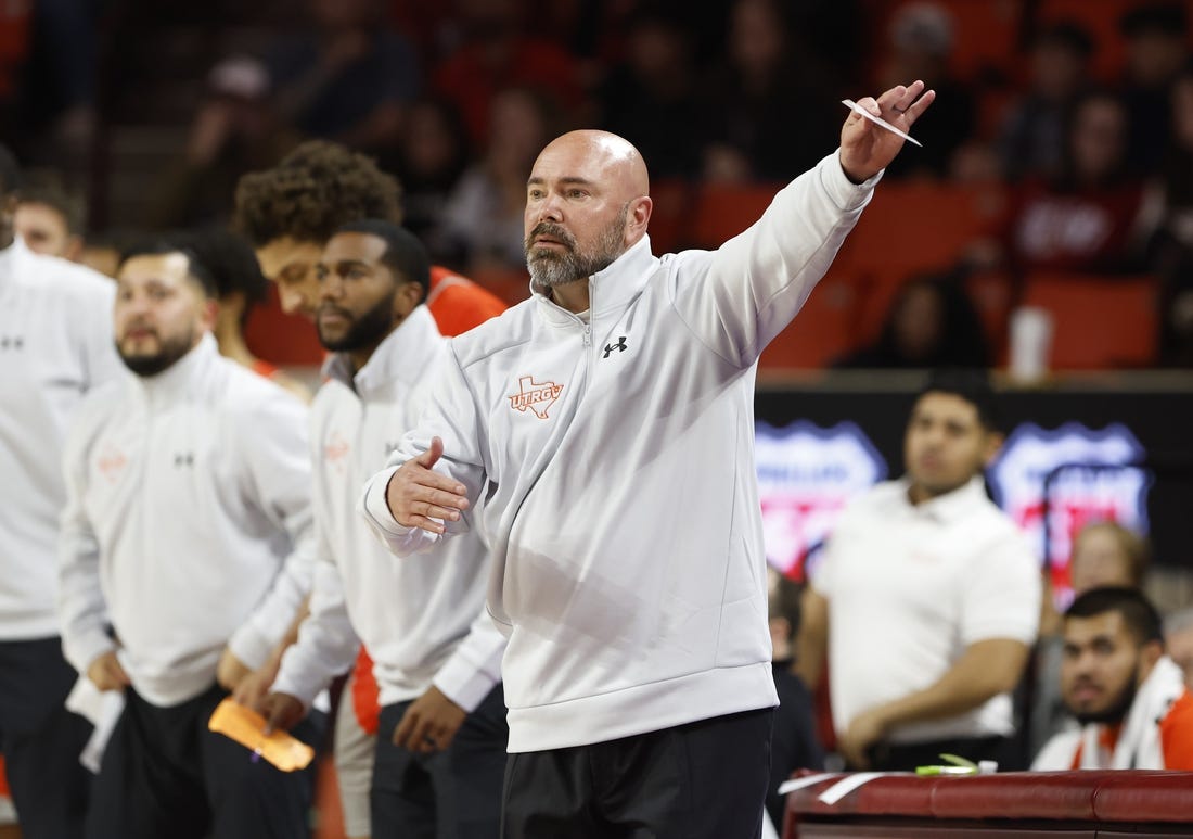 Nov 17, 2023; Norman, Oklahoma, USA; UT Rio Grande Valley Vaqueros head coach Matt Figger gestures during a play against the Oklahoma Sooners during the second half at Lloyd Noble Center. Mandatory Credit: Alonzo Adams-USA TODAY Sports