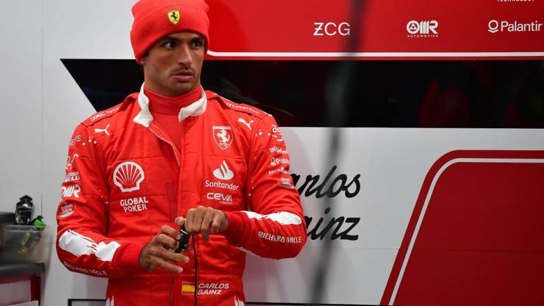 Nov 17, 2023; Las Vegas, Nevada, USA; Scuderia Ferrari driver Carlos Sainz Jr. of Spain (55) before free practice at Las Vegas Strip Circuit. Mandatory Credit: Gary A. Vasquez-USA TODAY Sports