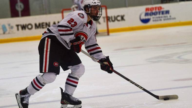 St. Cloud State hockey junior Jack Peart skates Nov. 18 against Minnesota-Duluth in the Herb Brooks National Hockey Center. The Huskies swept the series against the Bulldogs, winning this game 6-5.