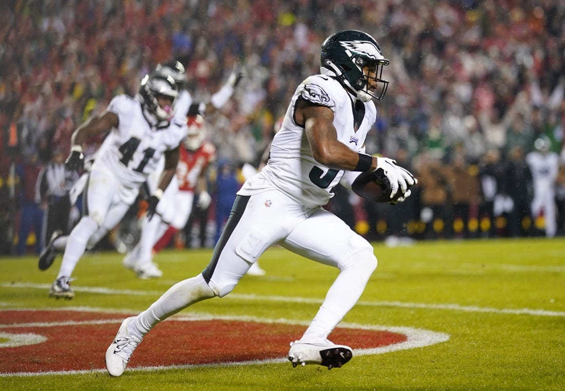 Nov 20, 2023; Kansas City, Missouri, USA; Philadelphia Eagles safety Kevin Byard (31) intercepts a pass during the first half against the Kansas City Chiefs at GEHA Field at Arrowhead Stadium. Mandatory Credit: Jay Biggerstaff-USA TODAY Sports