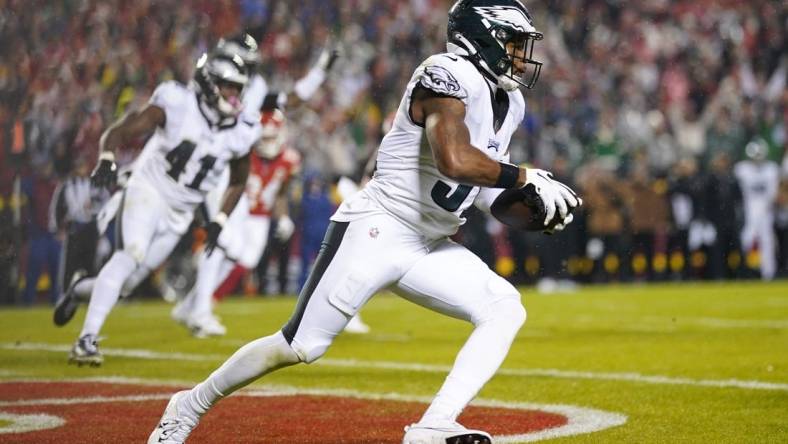 Nov 20, 2023; Kansas City, Missouri, USA; Philadelphia Eagles safety Kevin Byard (31) intercepts a pass during the first half against the Kansas City Chiefs at GEHA Field at Arrowhead Stadium. Mandatory Credit: Jay Biggerstaff-USA TODAY Sports