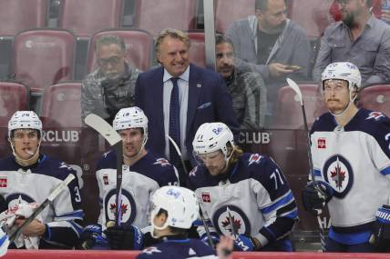Nov 24, 2023; Sunrise, Florida, USA; Winnipeg Jets head coach Rick Bowness looks on from the bench against the Florida Panthers during the third period at Amerant Bank Arena. Mandatory Credit: Sam Navarro-USA TODAY Sports