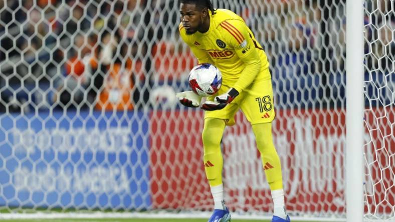 Nov 25, 2023; Cincinnati, Ohio, USA; Philadelphia Union goalkeeper Andre Blake (18) collects the ball against FC Cincinnati during the second half in a MLS Cup Eastern Conference Semifinal match at TQL Stadium. Mandatory Credit: Katie Stratman-USA TODAY Sports