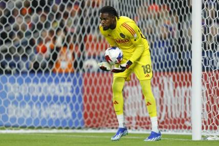 Nov 25, 2023; Cincinnati, Ohio, USA; Philadelphia Union goalkeeper Andre Blake (18) collects the ball against FC Cincinnati during the second half in a MLS Cup Eastern Conference Semifinal match at TQL Stadium. Mandatory Credit: Katie Stratman-USA TODAY Sports