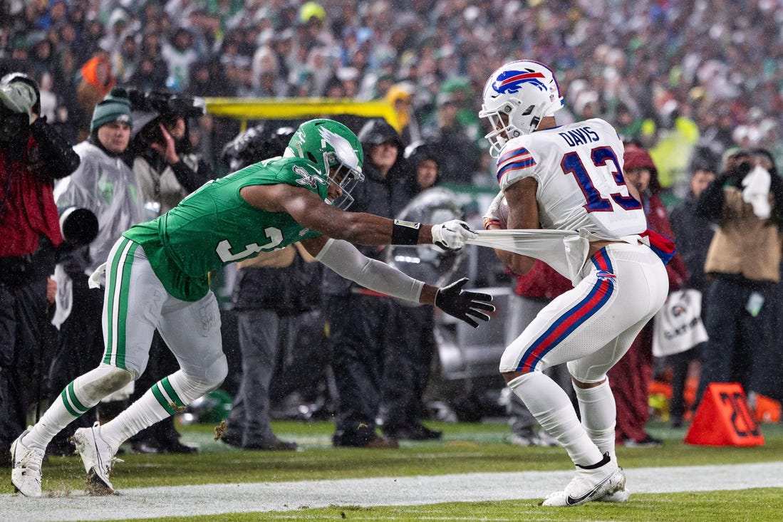 Nov 26, 2023; Philadelphia, Pennsylvania, USA; Buffalo Bills wide receiver Gabe Davis (13) makes a catch past Philadelphia Eagles safety Kevin Byard (31) during the second quarter at Lincoln Financial Field. Mandatory Credit: Bill Streicher-USA TODAY Sports