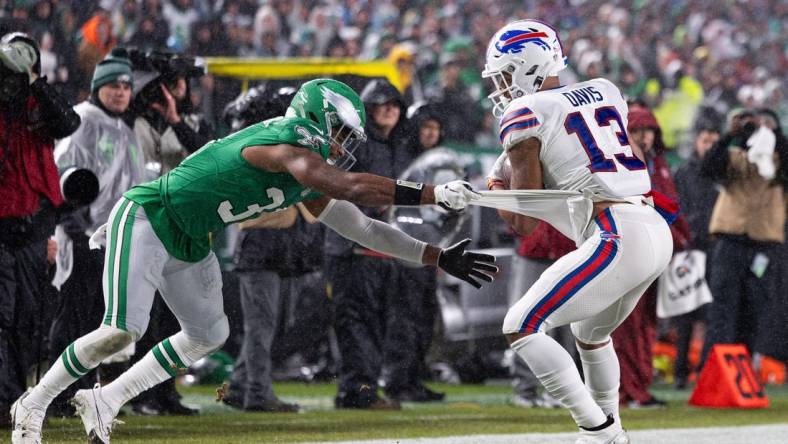 Nov 26, 2023; Philadelphia, Pennsylvania, USA; Buffalo Bills wide receiver Gabe Davis (13) makes a catch past Philadelphia Eagles safety Kevin Byard (31) during the second quarter at Lincoln Financial Field. Mandatory Credit: Bill Streicher-USA TODAY Sports