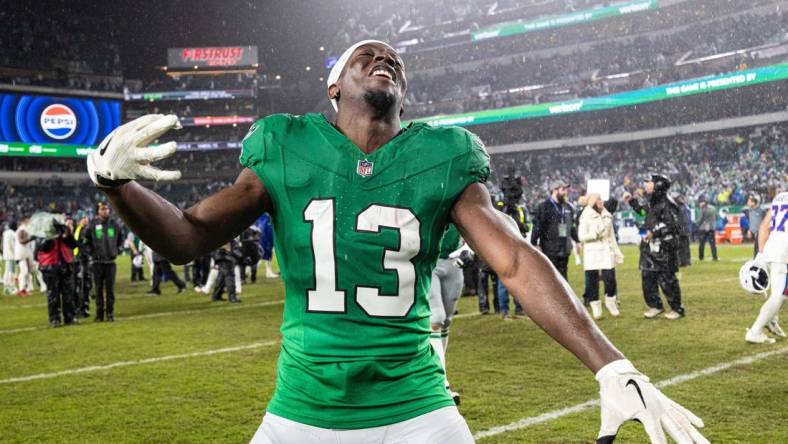 Nov 26, 2023; Philadelphia, Pennsylvania, USA; Philadelphia Eagles wide receiver Olamide Zaccheaus (13) reacts after a victory against the Buffalo Bills at Lincoln Financial Field. Mandatory Credit: Bill Streicher-USA TODAY Sports