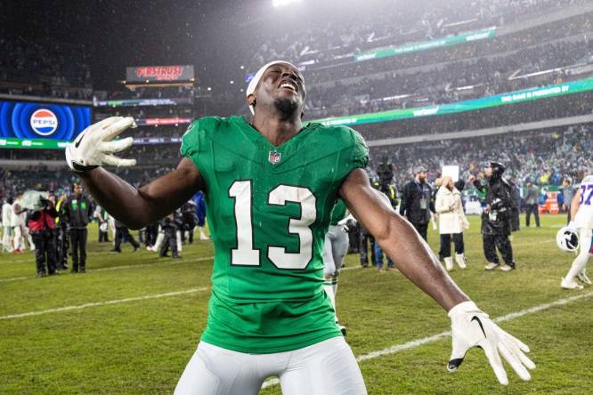 Nov 26, 2023; Philadelphia, Pennsylvania, USA; Philadelphia Eagles wide receiver Olamide Zaccheaus (13) reacts after a victory against the Buffalo Bills at Lincoln Financial Field. Mandatory Credit: Bill Streicher-USA TODAY Sports