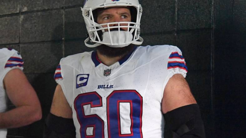 Nov 26, 2023; Philadelphia, Pennsylvania, USA; Buffalo Bills center Mitch Morse (60) in the tunnel before game against the Philadelphia Eagles at Lincoln Financial Field. Mandatory Credit: Eric Hartline-USA TODAY Sports