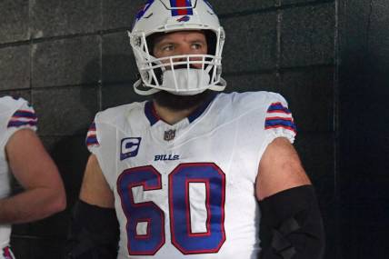 Nov 26, 2023; Philadelphia, Pennsylvania, USA; Buffalo Bills center Mitch Morse (60) in the tunnel before game against the Philadelphia Eagles at Lincoln Financial Field. Mandatory Credit: Eric Hartline-USA TODAY Sports