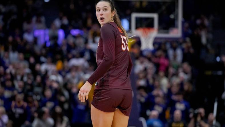 Nov 30, 2023; Baton Rouge, Louisiana, USA; Virginia Tech Hokies center Elizabeth Kitley (33) turns as she leaves the court after fouling out against the LSU Lady Tigers during the second half at Pete Maravich Assembly Center. Mandatory Credit: Matthew Hinton-USA TODAY Sports