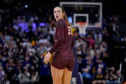 Nov 30, 2023; Baton Rouge, Louisiana, USA; Virginia Tech Hokies center Elizabeth Kitley (33) turns as she leaves the court after fouling out against the LSU Lady Tigers during the second half at Pete Maravich Assembly Center. Mandatory Credit: Matthew Hinton-USA TODAY Sports