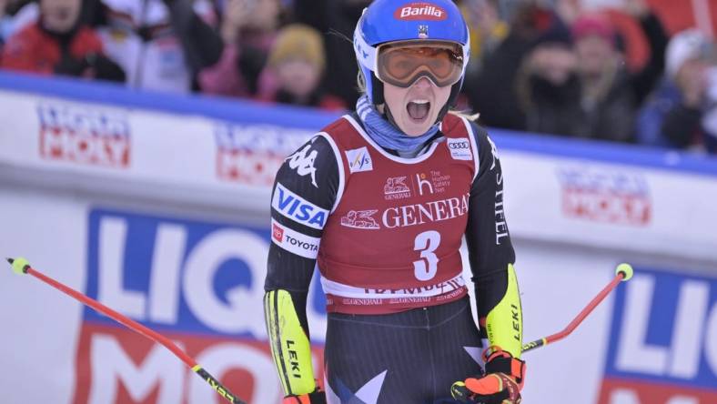 Dec 2, 2023; Mont Tremblant, Quebec, CAN; Mikaela Shiffrin of the United States reacts after the second run of the giant slalom race in the women's alpine skiing World Cup at Mont Tremblant. Mandatory Credit: Eric Bolte-USA TODAY Sports