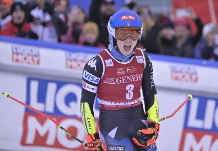 Dec 2, 2023; Mont Tremblant, Quebec, CAN; Mikaela Shiffrin of the United States reacts after the second run of the giant slalom race in the women's alpine skiing World Cup at Mont Tremblant. Mandatory Credit: Eric Bolte-USA TODAY Sports