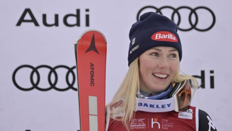 Dec 2, 2023; Mont Tremblant, Quebec, CAN; Mikaela Shiffrin of the United States celebrates her second place finish in the giant slalom race in the women's alpine skiing World Cup at Mont Tremblant. Mandatory Credit: Eric Bolte-USA TODAY Sports