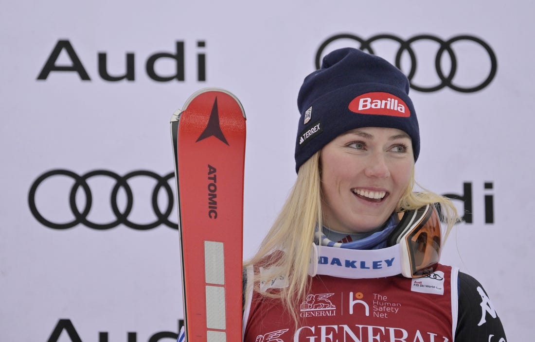 Dec 2, 2023; Mont Tremblant, Quebec, CAN; Mikaela Shiffrin of the United States celebrates her second place finish in the giant slalom race in the women's alpine skiing World Cup at Mont Tremblant. Mandatory Credit: Eric Bolte-USA TODAY Sports