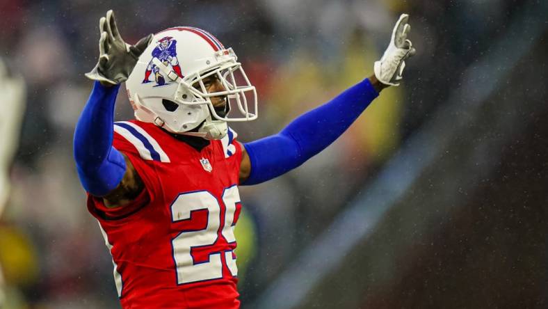 Dec 3, 2023; Foxborough, Massachusetts, USA; New England Patriots cornerback J.C. Jackson (29) reacts after his play against the Los Angeles Chargers in the second half at Gillette Stadium. Mandatory Credit: David Butler II-USA TODAY Sports