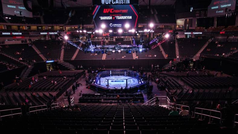 Dec 2, 2023; Austin, Texas, USA; The octagon is ready for UFC Fight Night at Moody Center. Mandatory Credit: Dustin Safranek-USA TODAY Sports