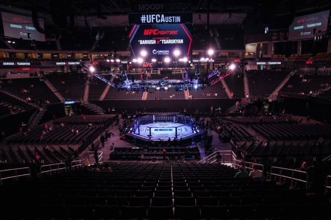Dec 2, 2023; Austin, Texas, USA; The octagon is ready for UFC Fight Night at Moody Center. Mandatory Credit: Dustin Safranek-USA TODAY Sports